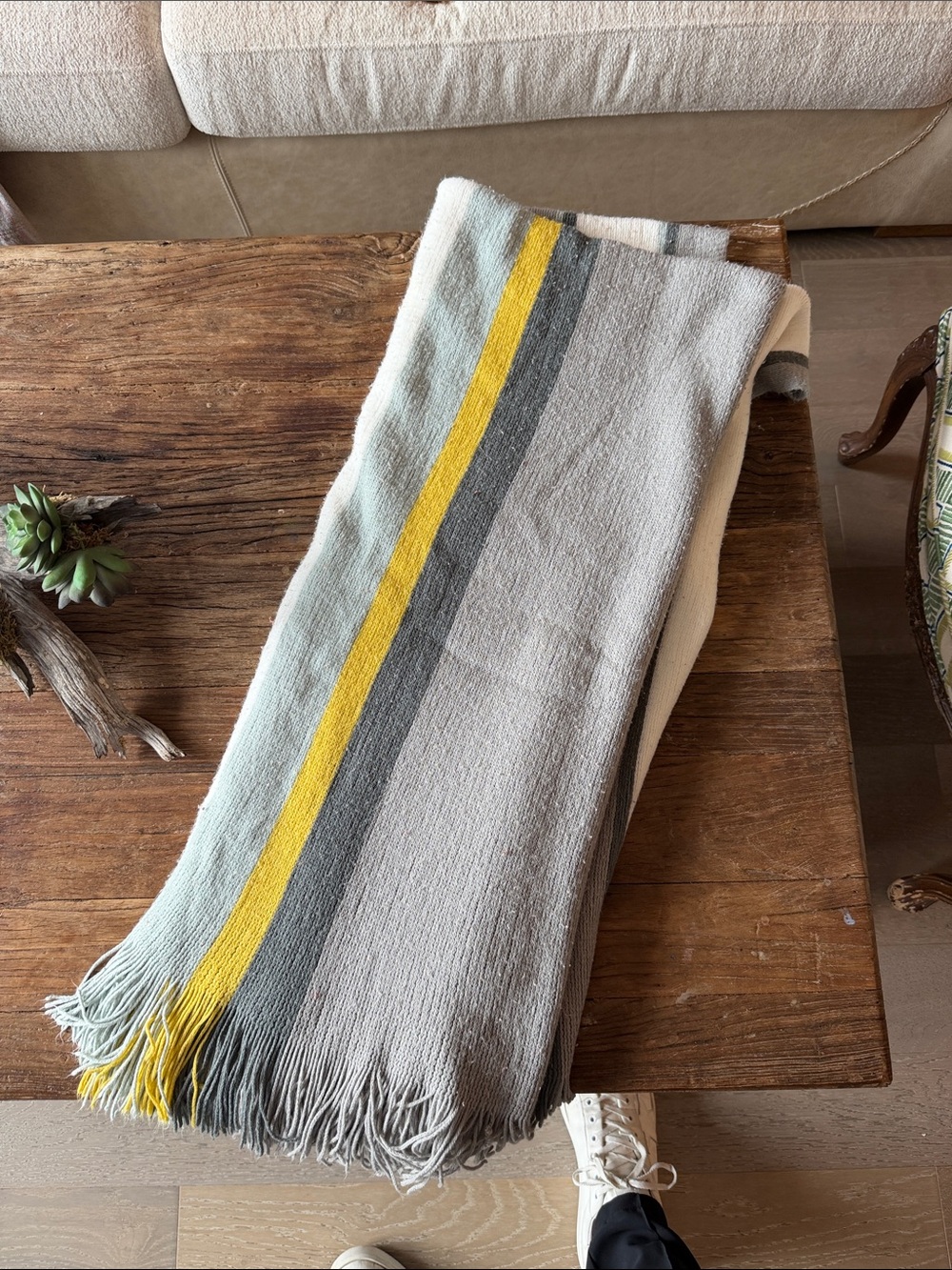 Striped Fringe Throw Blanket in Gray, Yellow & Cream